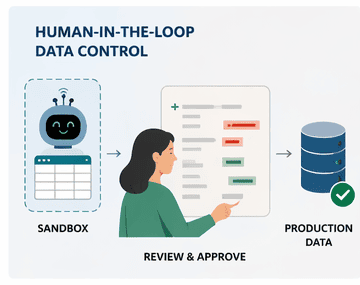 Sandbox → review & approve → production data: a human-in-the-loop consent step between an agent's proposed changes and the production system.
