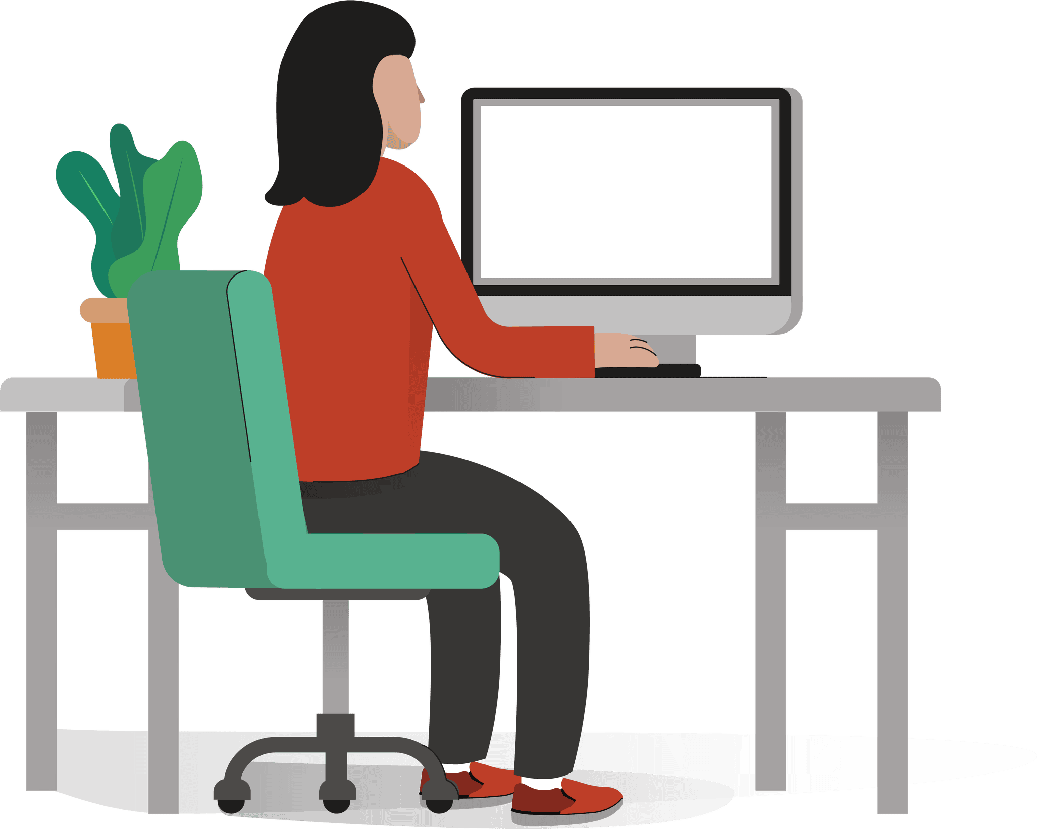 A knowledge worker at a desk, back to the viewer, working with an agent on screen.
