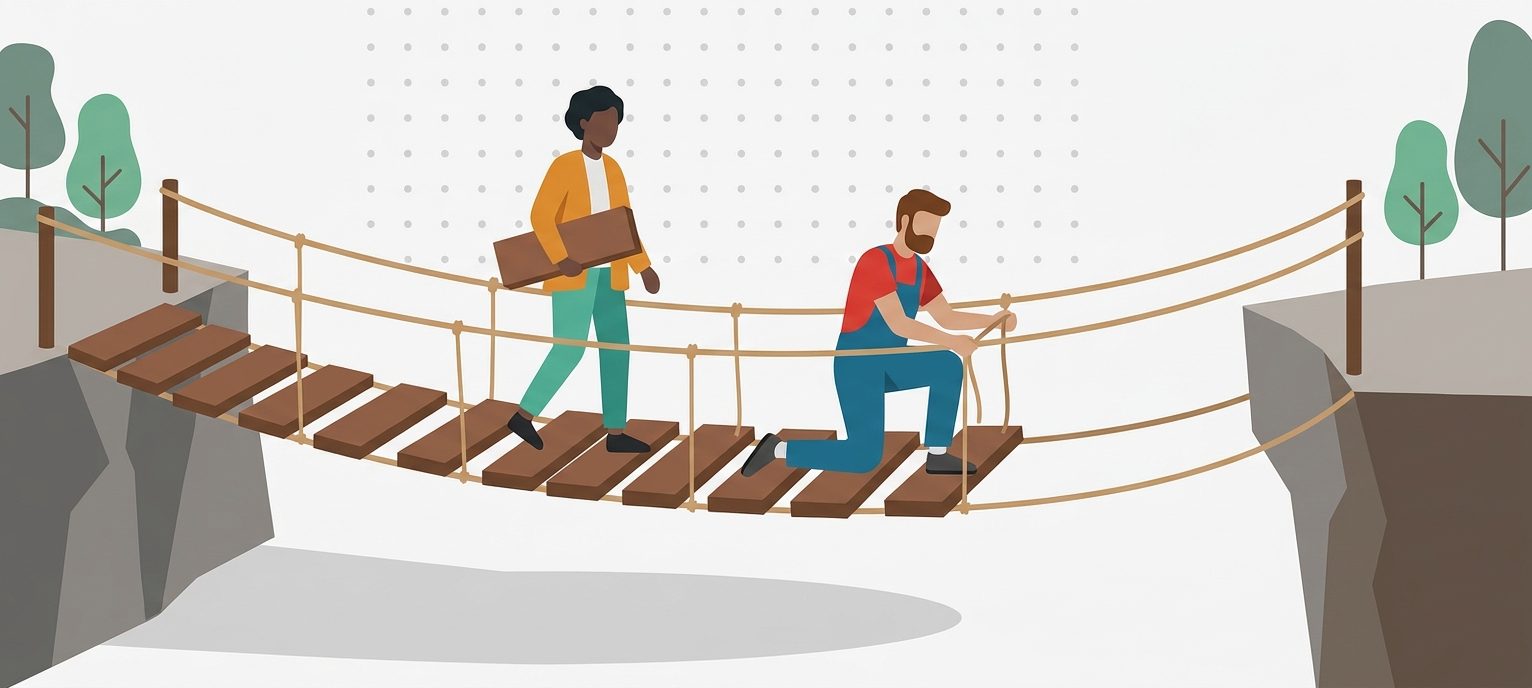 A rope bridge being built plank by plank while two figures walk across it